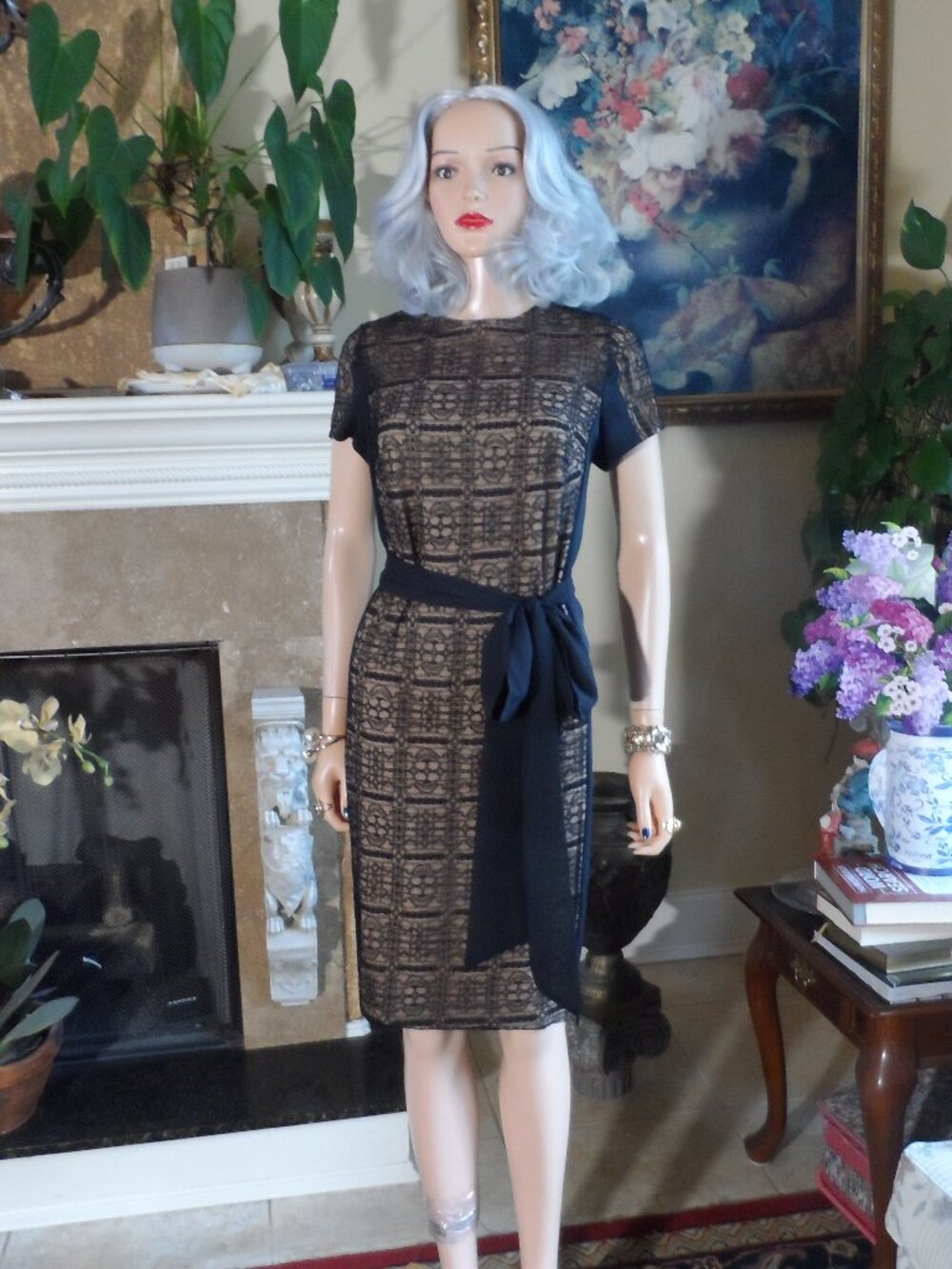 AKRIS Black Lace Overlay Sheath Dress with Tie Waist Size US 14